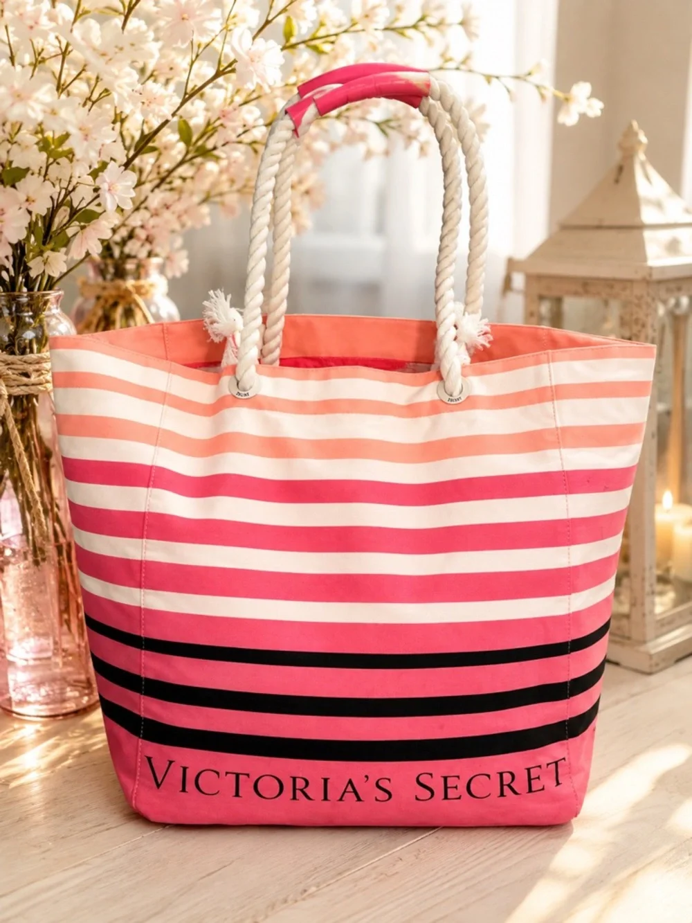 Victoria's Secret Pink and Black Striped Rope-Handle Tote